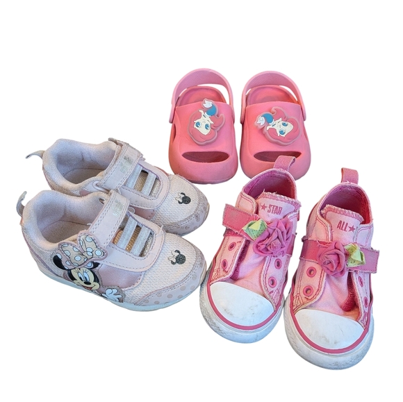 Bundle (3) Toddler Girl's Shoes Size 8 Disney Minnie Mermaid Converse Pink - Picture 1 of 7